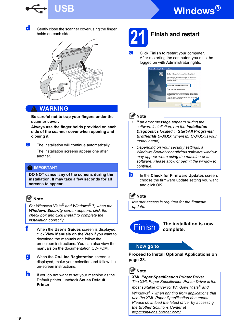 21 finish and restart, Windows, Finish | Finish and restart | Brother MFC J6910DW User Manual | Page 16 / 40