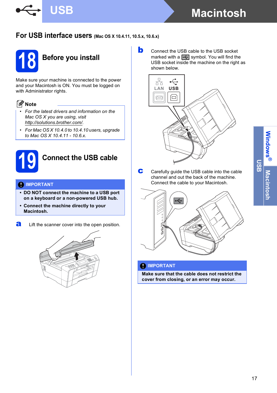 18 before you install, 19 connect the usb cable, Macintosh usb | Brother MFC J6910DW User Manual | Page 17 / 40