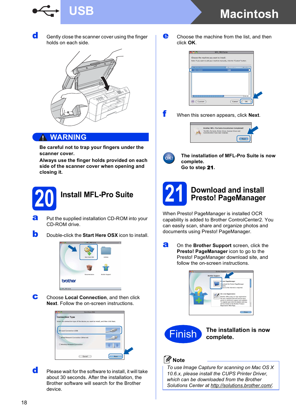20 install mfl-pro suite, Macintosh usb, Finish | Brother MFC J6910DW User Manual | Page 18 / 40
