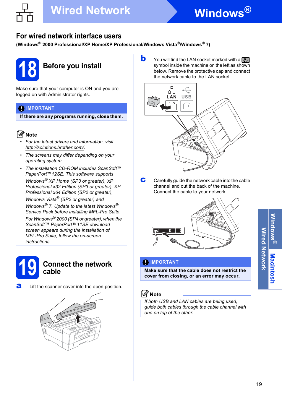 18 before you install, 19 connect the network cable, Windows | Wired network, For wired network interface users, Before you install, Connect the network cable | Brother MFC J6910DW User Manual | Page 19 / 40