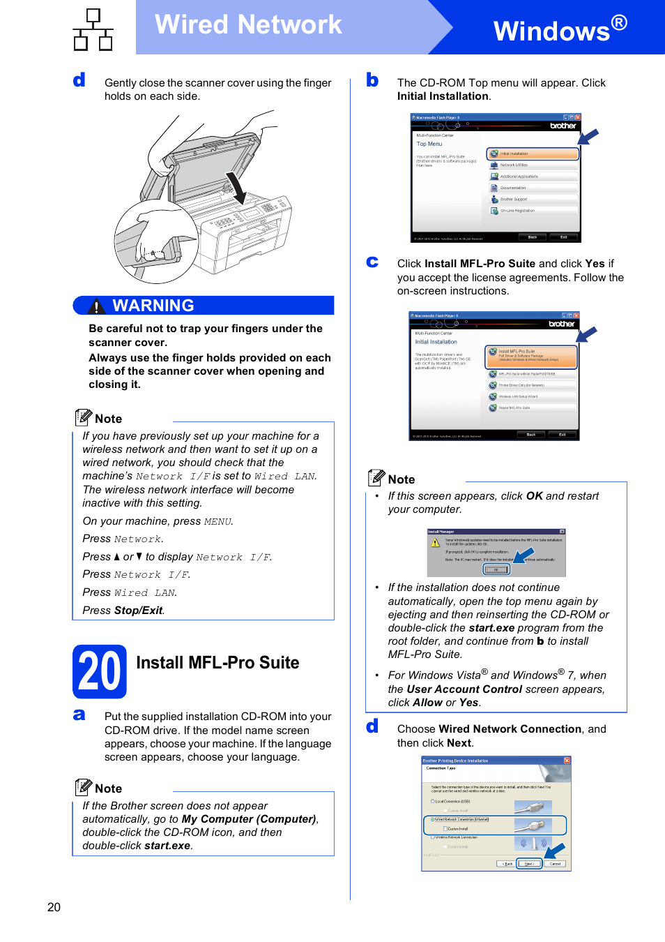 20 install mfl-pro suite, Windows, Wired network | Install mfl-pro suite | Brother MFC J6910DW User Manual | Page 20 / 40