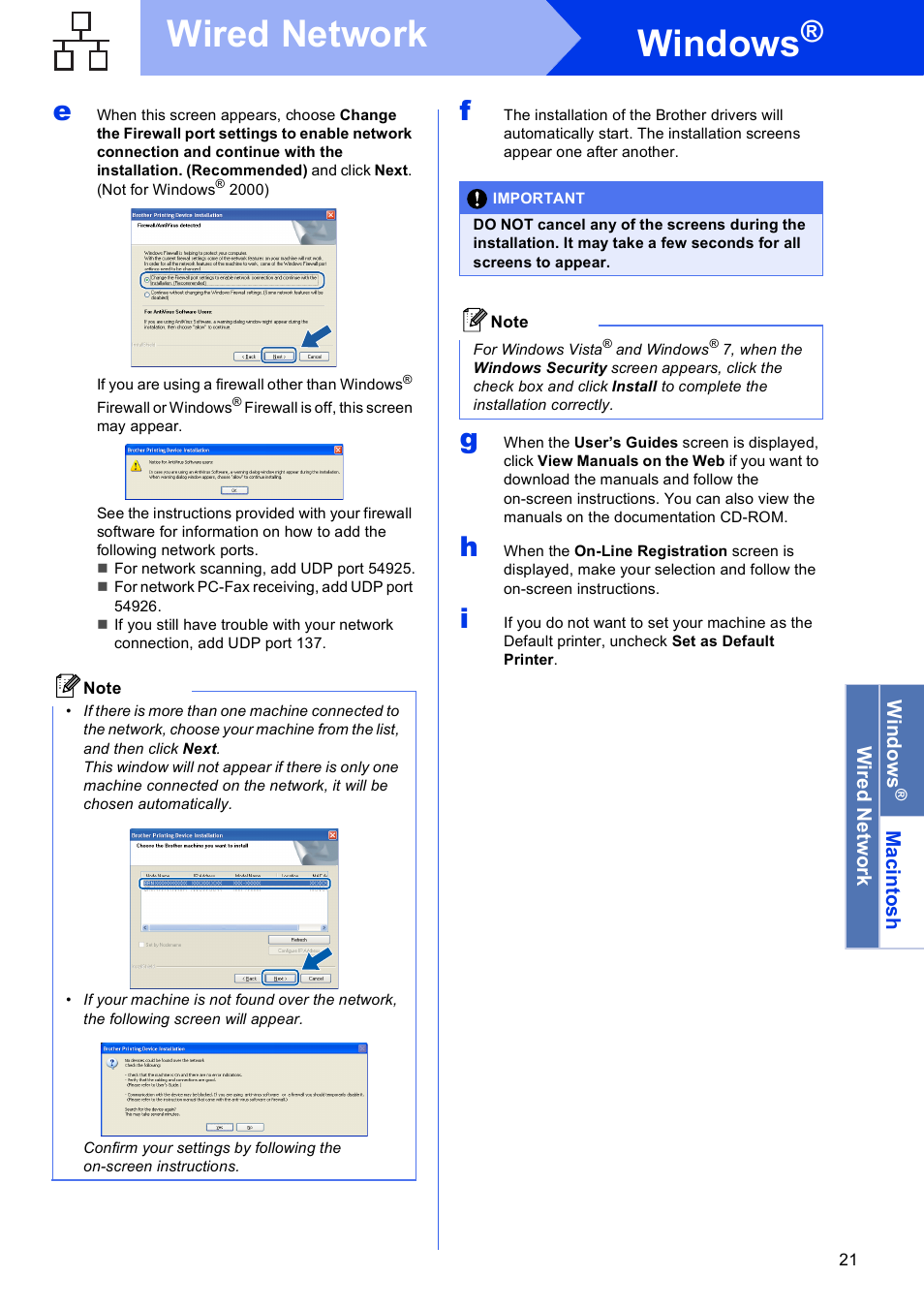 Windows, Wired network | Brother MFC J6910DW User Manual | Page 21 / 40
