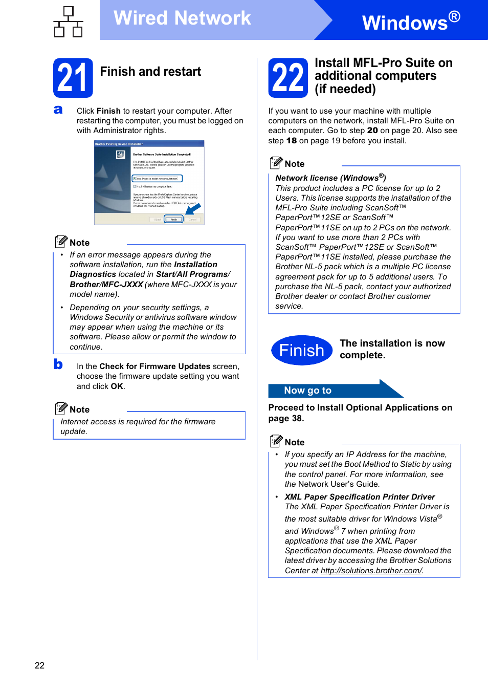 21 finish and restart, Windows, Wired network | Finish, Finish and restart | Brother MFC J6910DW User Manual | Page 22 / 40