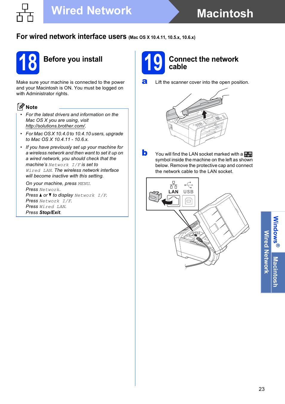 18 before you install, 19 connect the network cable, Macintosh wired network | Brother MFC J6910DW User Manual | Page 23 / 40
