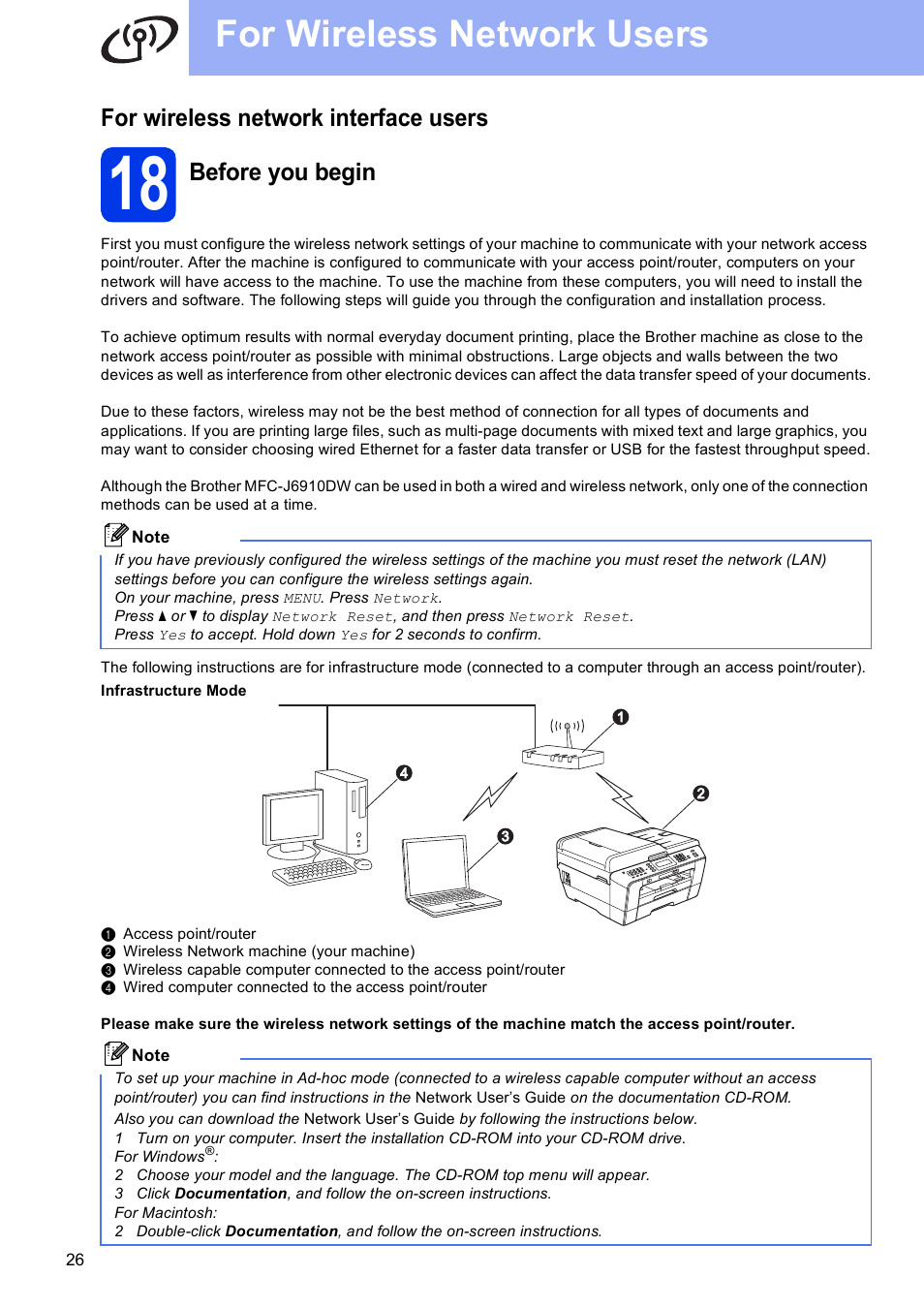 For wireless network interface users, 18 before you begin, For wireless network users | Before you begin | Brother MFC J6910DW User Manual | Page 26 / 40