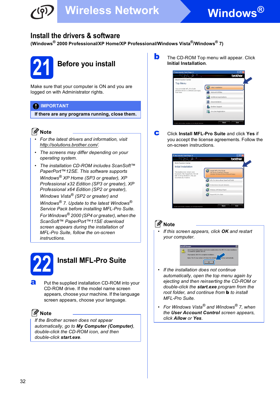 21 before you install, 22 install mfl-pro suite, Windows | Wireless network, Install the drivers & software, Before you install, Install mfl-pro suite | Brother MFC J6910DW User Manual | Page 32 / 40