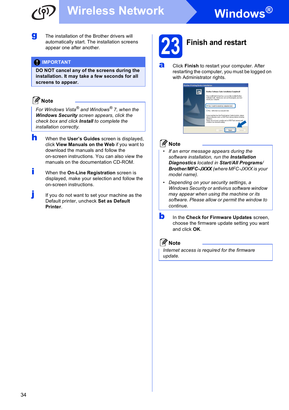 23 finish and restart, Windows, Wireless network | Finish and restart | Brother MFC J6910DW User Manual | Page 34 / 40