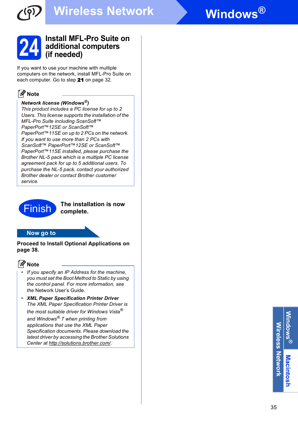 Windows, Wireless network, Finish | Brother MFC J6910DW User Manual | Page 35 / 40