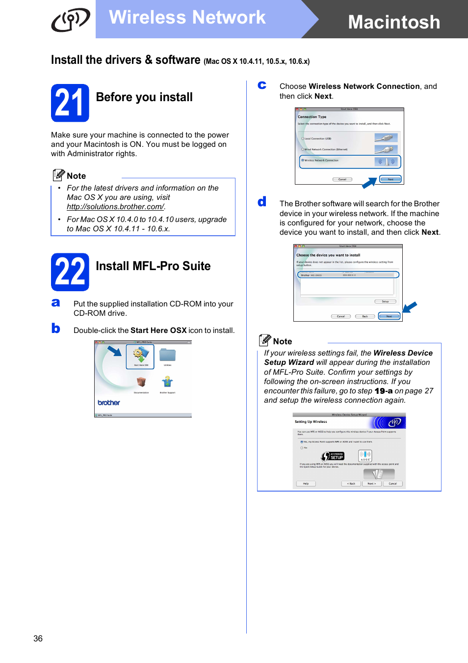 21 before you install, 22 install mfl-pro suite, Macintosh wireless network | Brother MFC J6910DW User Manual | Page 36 / 40