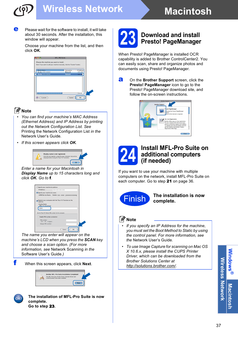 Macintosh wireless network, Finish, Download and install presto! pagemanager | Brother MFC J6910DW User Manual | Page 37 / 40