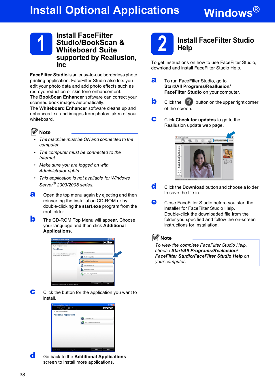 Install optional applications windows, 2 install facefilter studio help, Windows | Install optional applications | Brother MFC J6910DW User Manual | Page 38 / 40