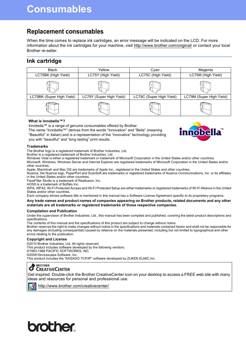 Consumables, Replacement consumables, Ink cartridge | Brother usa/can | Brother MFC J6910DW User Manual | Page 40 / 40