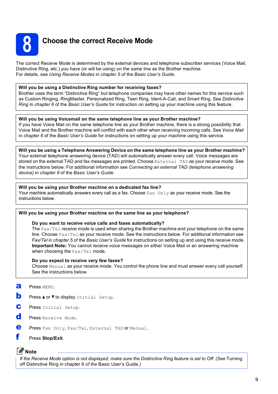 8 choose the correct receive mode, Choose the correct receive mode | Brother MFC J6910DW User Manual | Page 9 / 40