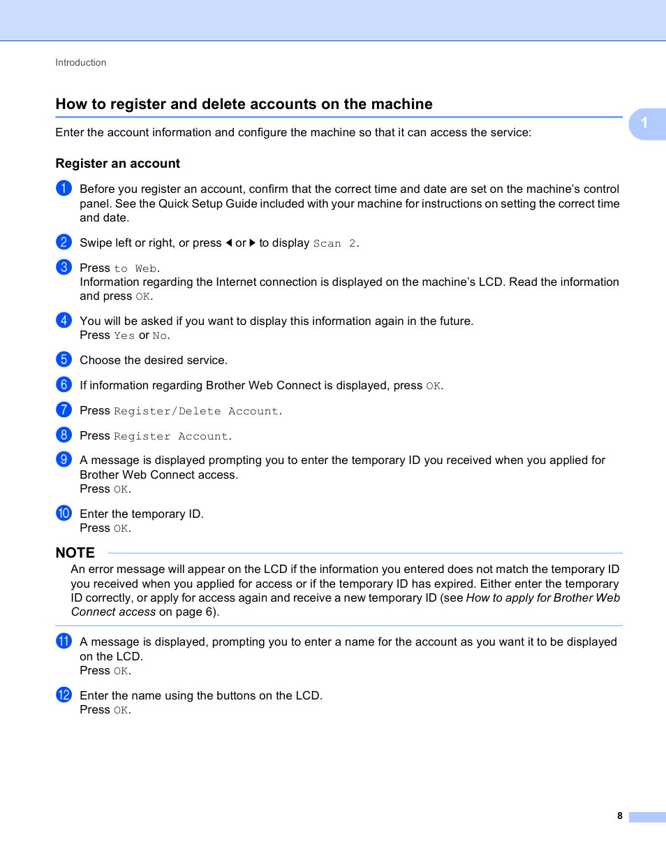 How to register and delete accounts on the machine, Register an account | Brother ADS-2500W User Manual | Page 11 / 20