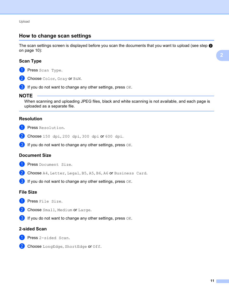 How to change scan settings, Scan type, Resolution | Document size, File size, Sided scan, 2how to change scan settings | Brother ADS-2500W User Manual | Page 14 / 20