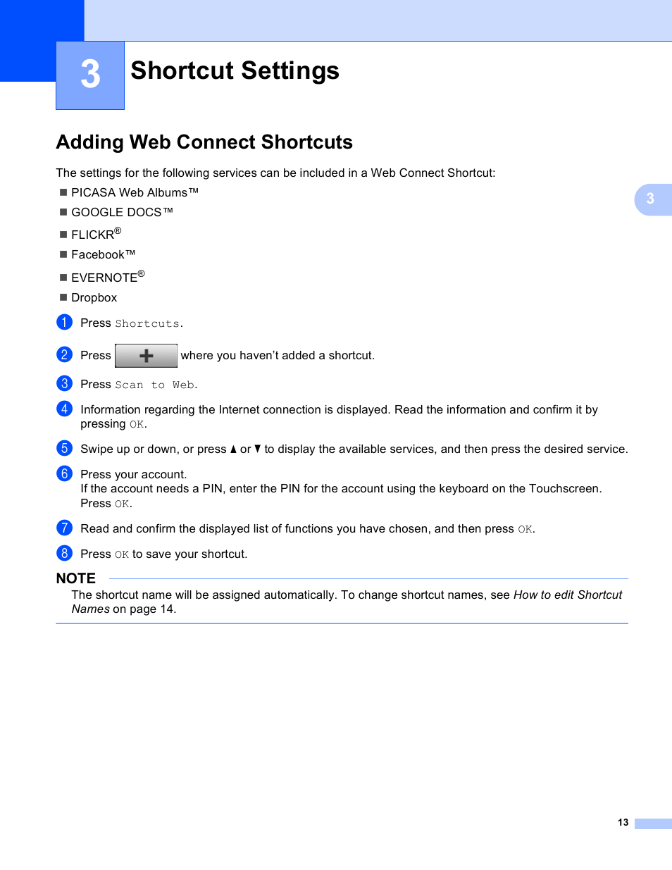 3 shortcut settings, Adding web connect shortcuts, Shortcut settings | Brother ADS-2500W User Manual | Page 16 / 20