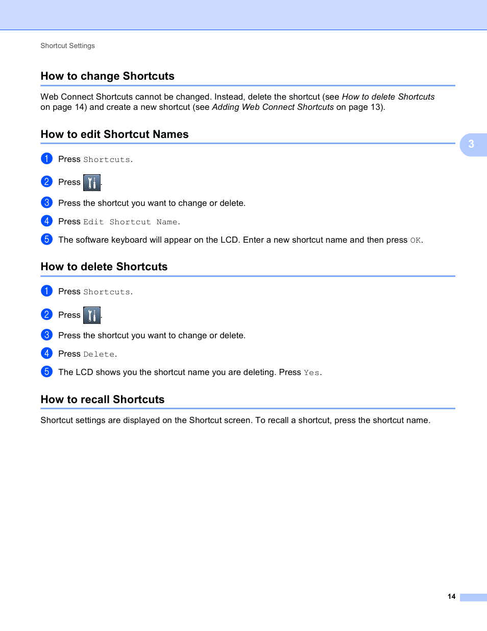 How to change shortcuts, How to edit shortcut names, How to delete shortcuts | How to recall shortcuts, 3how to change shortcuts | Brother ADS-2500W User Manual | Page 17 / 20