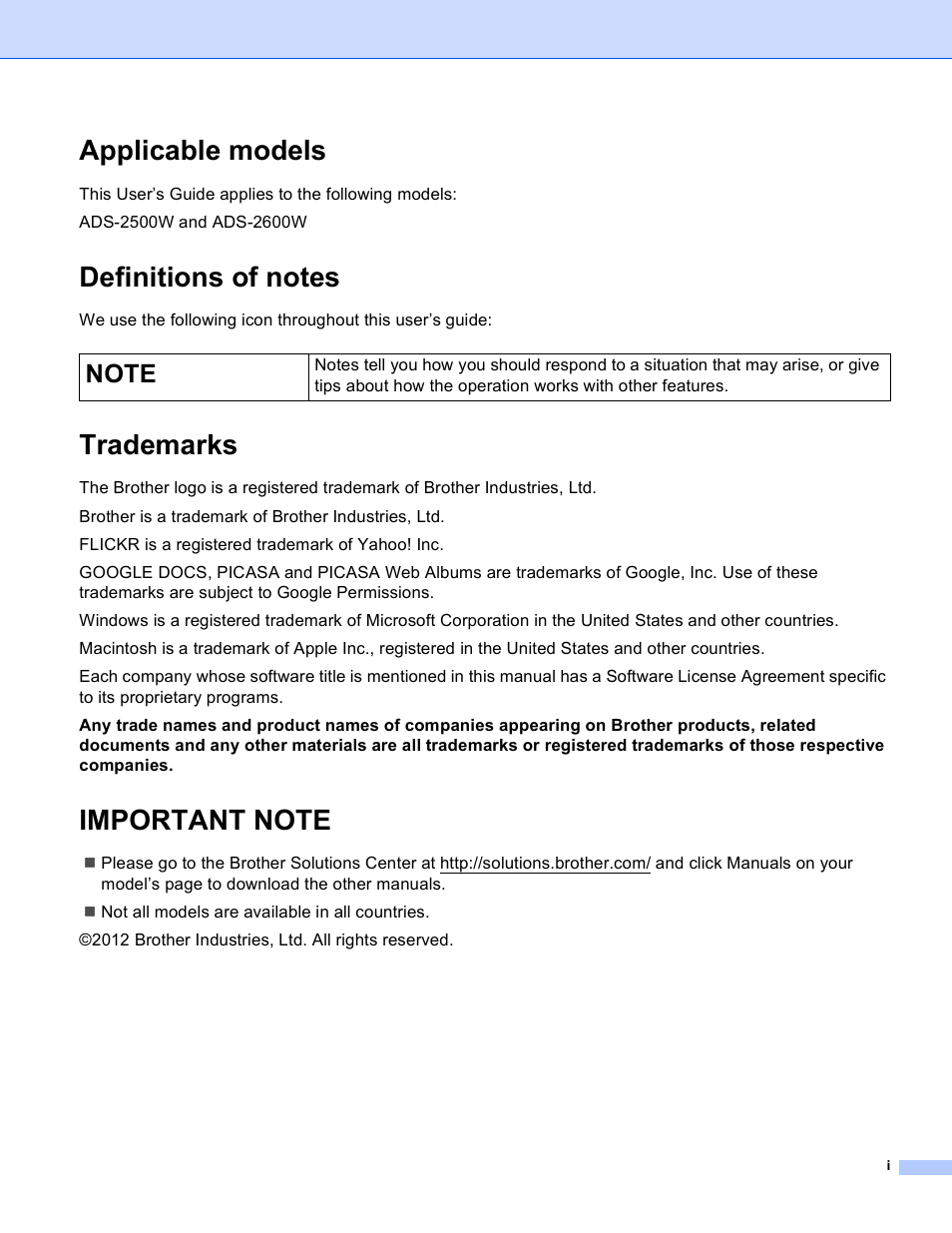 Applicable models, Definitions of notes, Trademarks | Important note | Brother ADS-2500W User Manual | Page 2 / 20