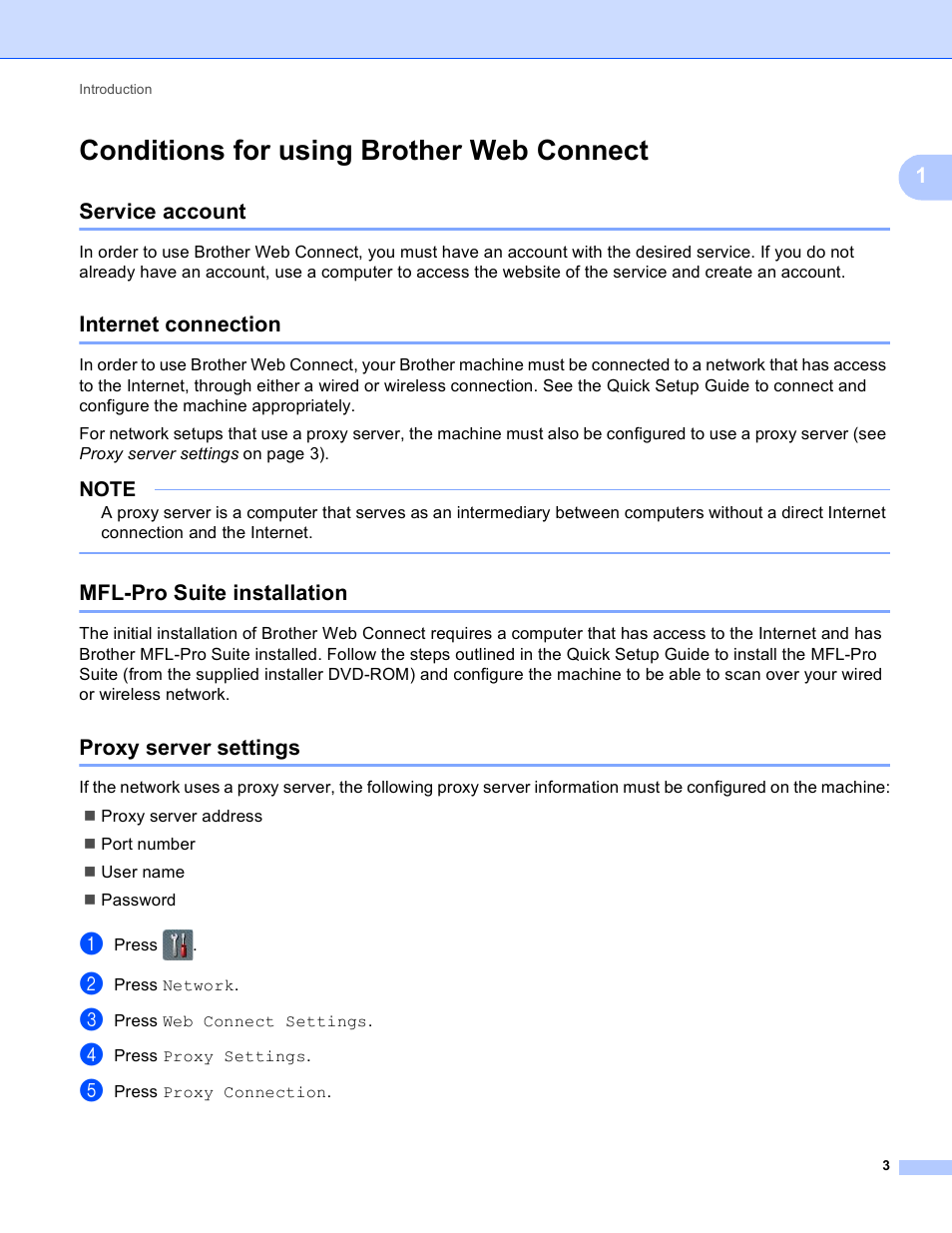 Conditions for using brother web connect, Service account, Internet connection | Mfl-pro suite installation, Proxy server settings | Brother ADS-2500W User Manual | Page 6 / 20