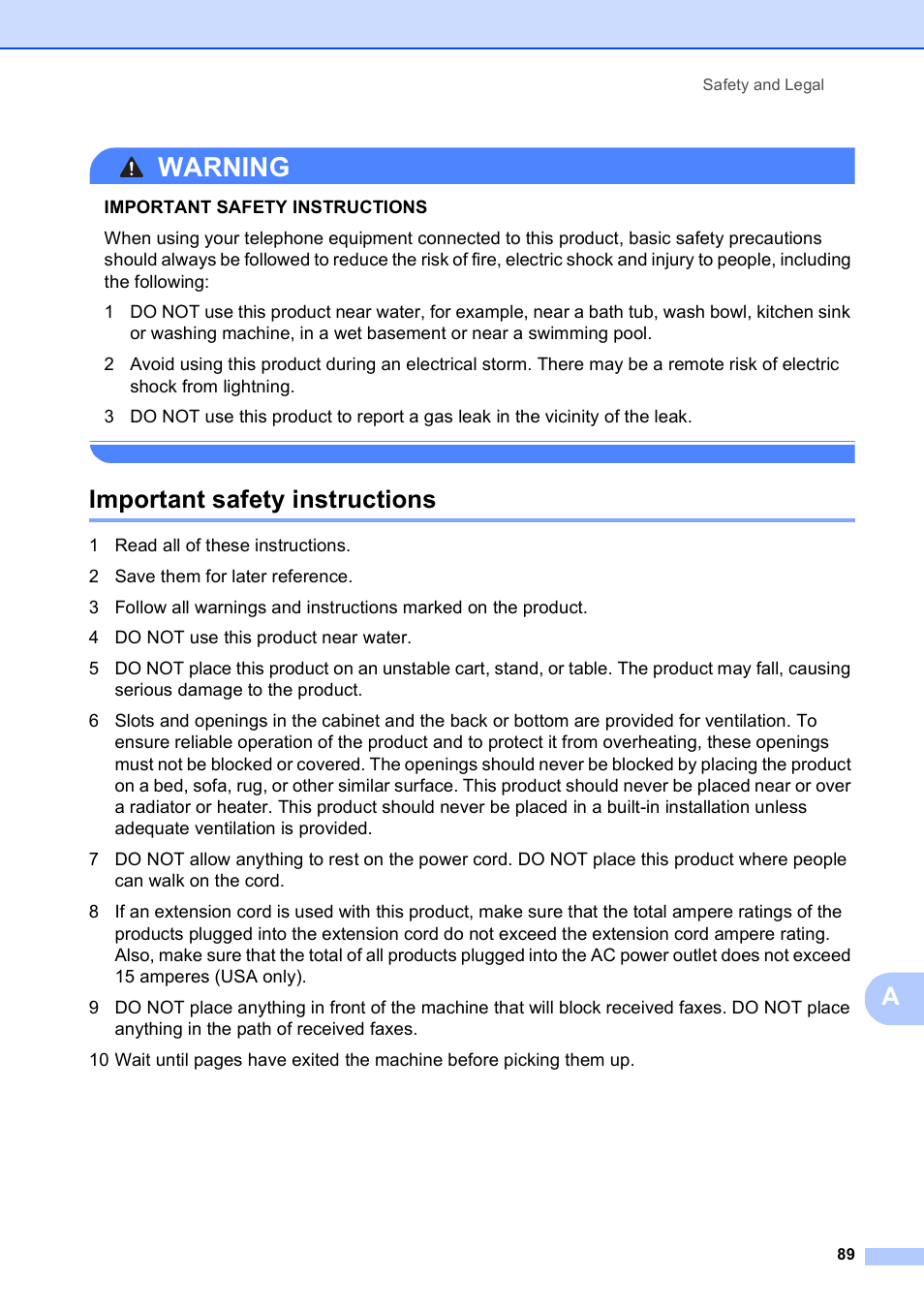 Important safety instructions, Warning | Brother MFC-255CW User Manual | Page 103 / 180