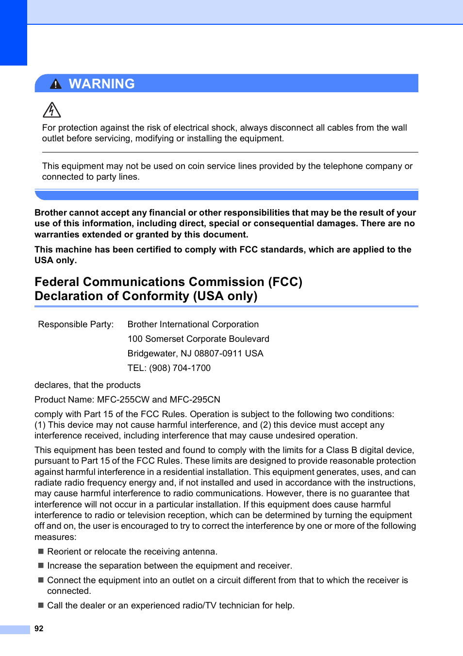 Usa only), Warning | Brother MFC-255CW User Manual | Page 106 / 180