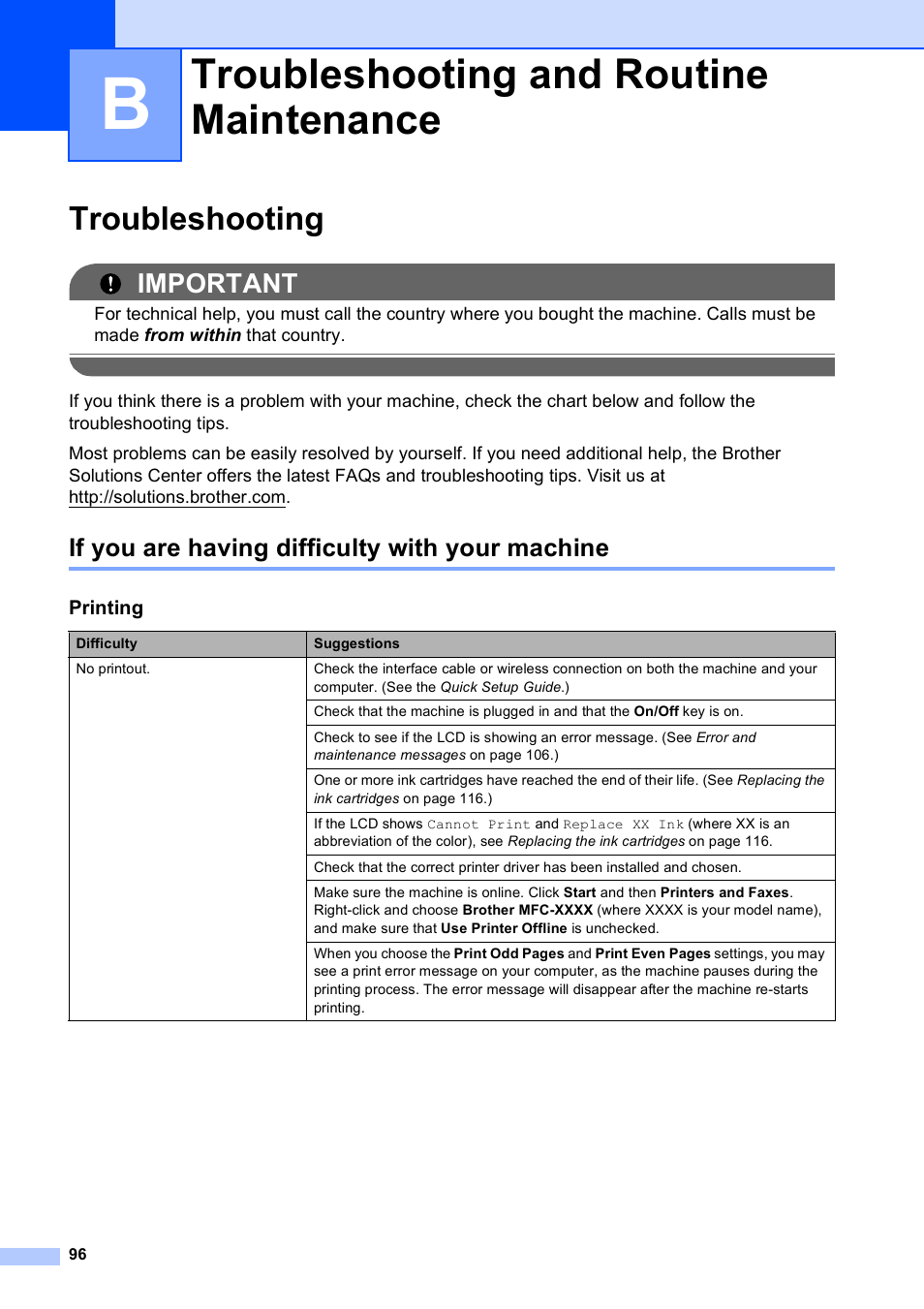 B troubleshooting and routine maintenance, Troubleshooting, If you are having difficulty with your machine | Troubleshooting and routine maintenance, Important | Brother MFC-255CW User Manual | Page 110 / 180