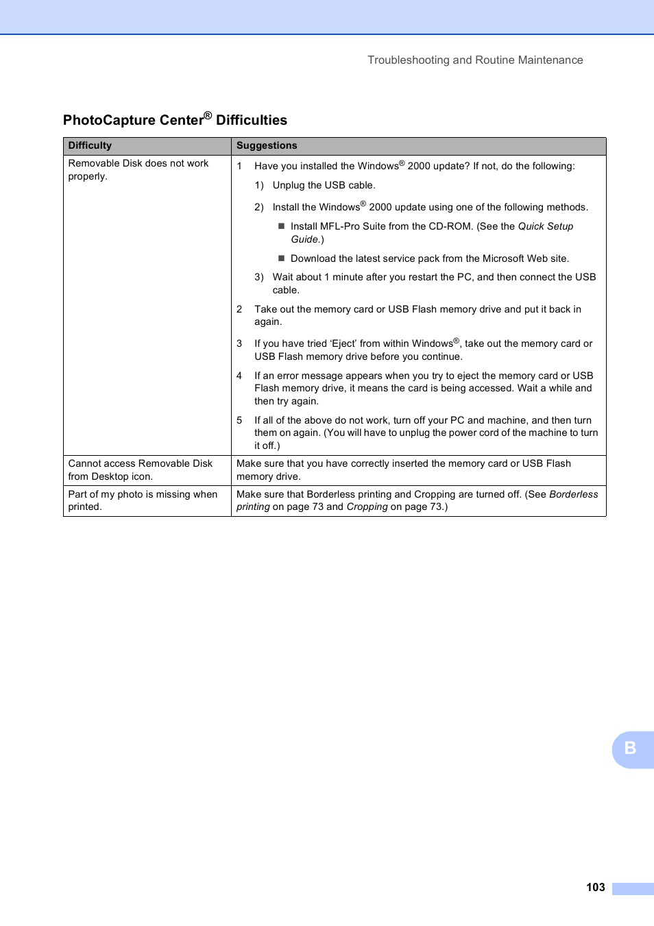 Photocapture center, Difficulties | Brother MFC-255CW User Manual | Page 117 / 180