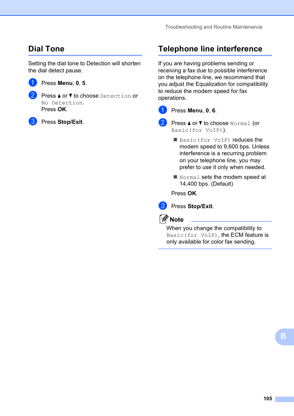 Dial tone, Telephone line interference, Dial tone telephone line interference | Bdial tone | Brother MFC-255CW User Manual | Page 119 / 180