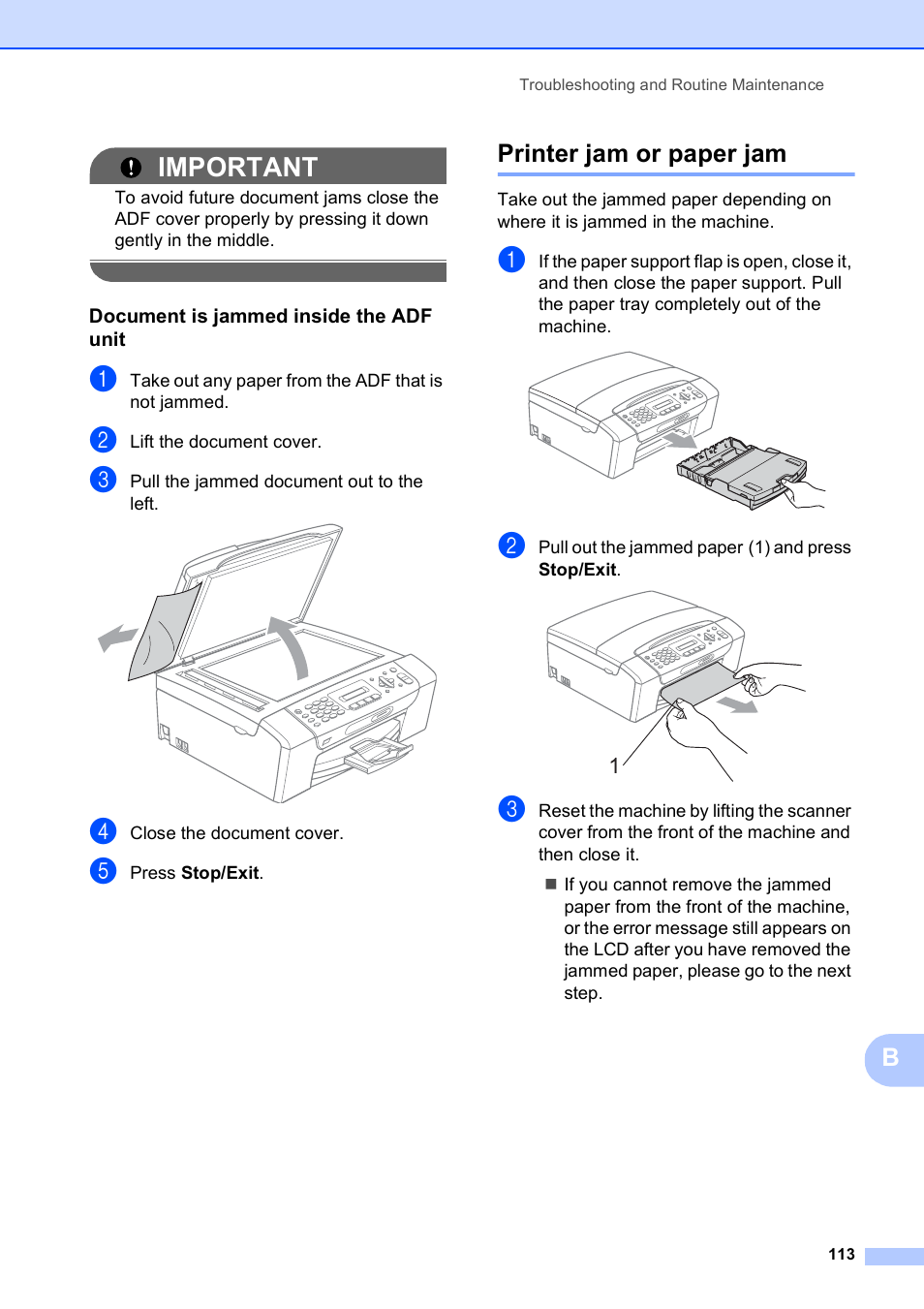 Document is jammed inside the adf unit, Printer jam or paper jam, Important | Brother MFC-255CW User Manual | Page 127 / 180