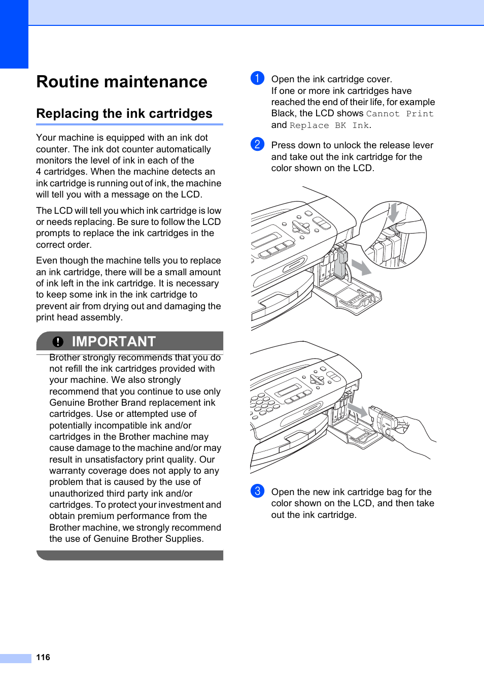 Routine maintenance, Replacing the ink cartridges, Important | Brother MFC-255CW User Manual | Page 130 / 180