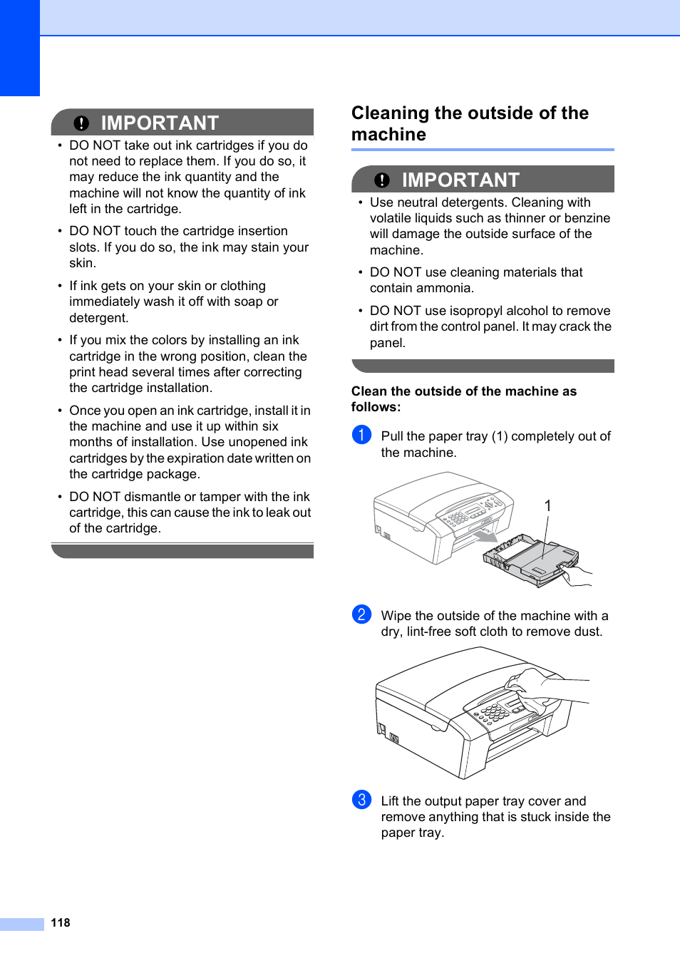 Cleaning the outside of the machine, Important | Brother MFC-255CW User Manual | Page 132 / 180