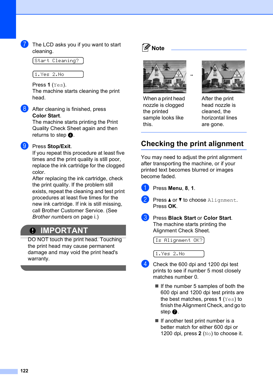 Checking the print alignment, Important | Brother MFC-255CW User Manual | Page 136 / 180