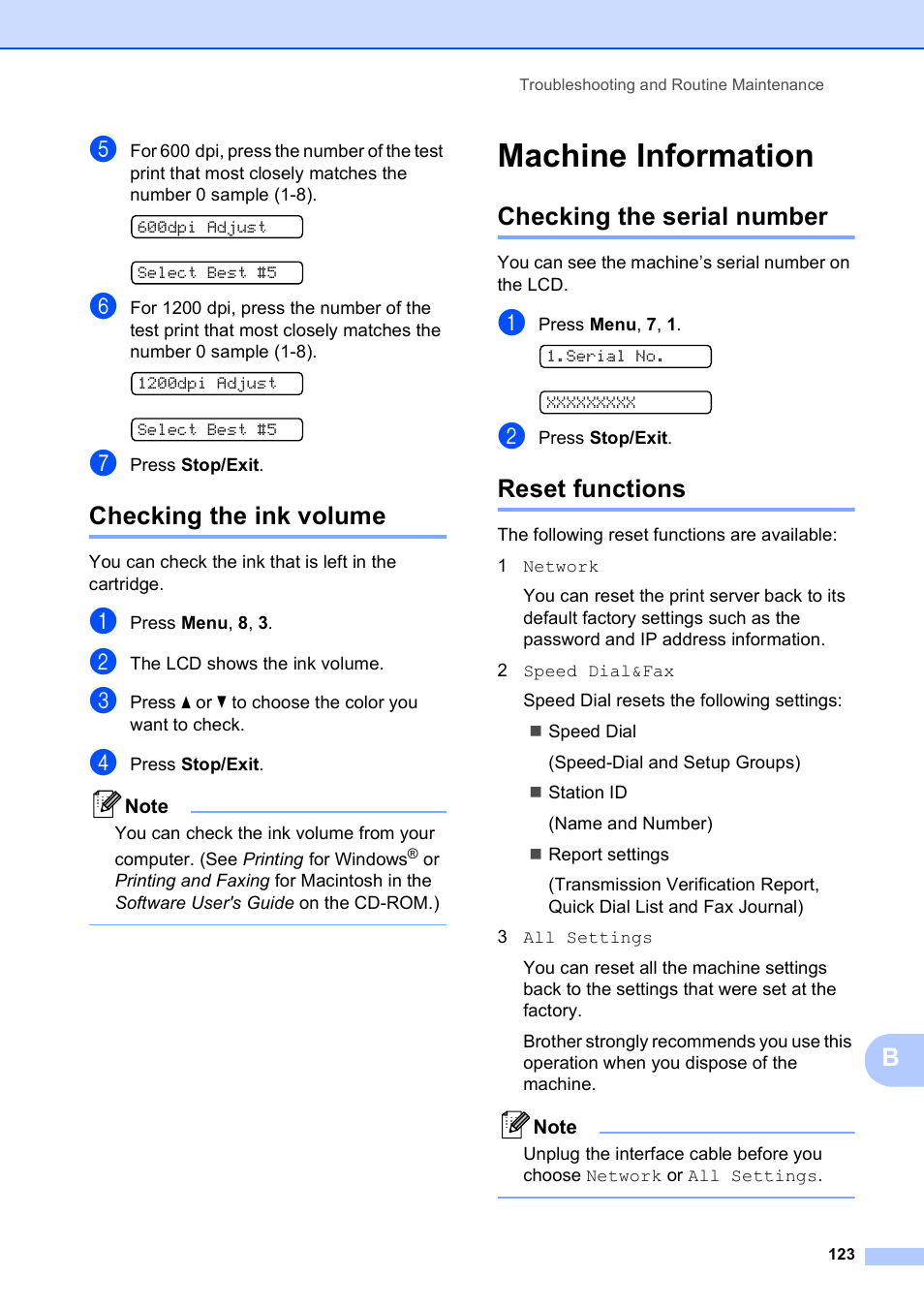 Checking the ink volume, Machine information, Checking the serial number | Reset functions, Checking the serial number reset functions | Brother MFC-255CW User Manual | Page 137 / 180