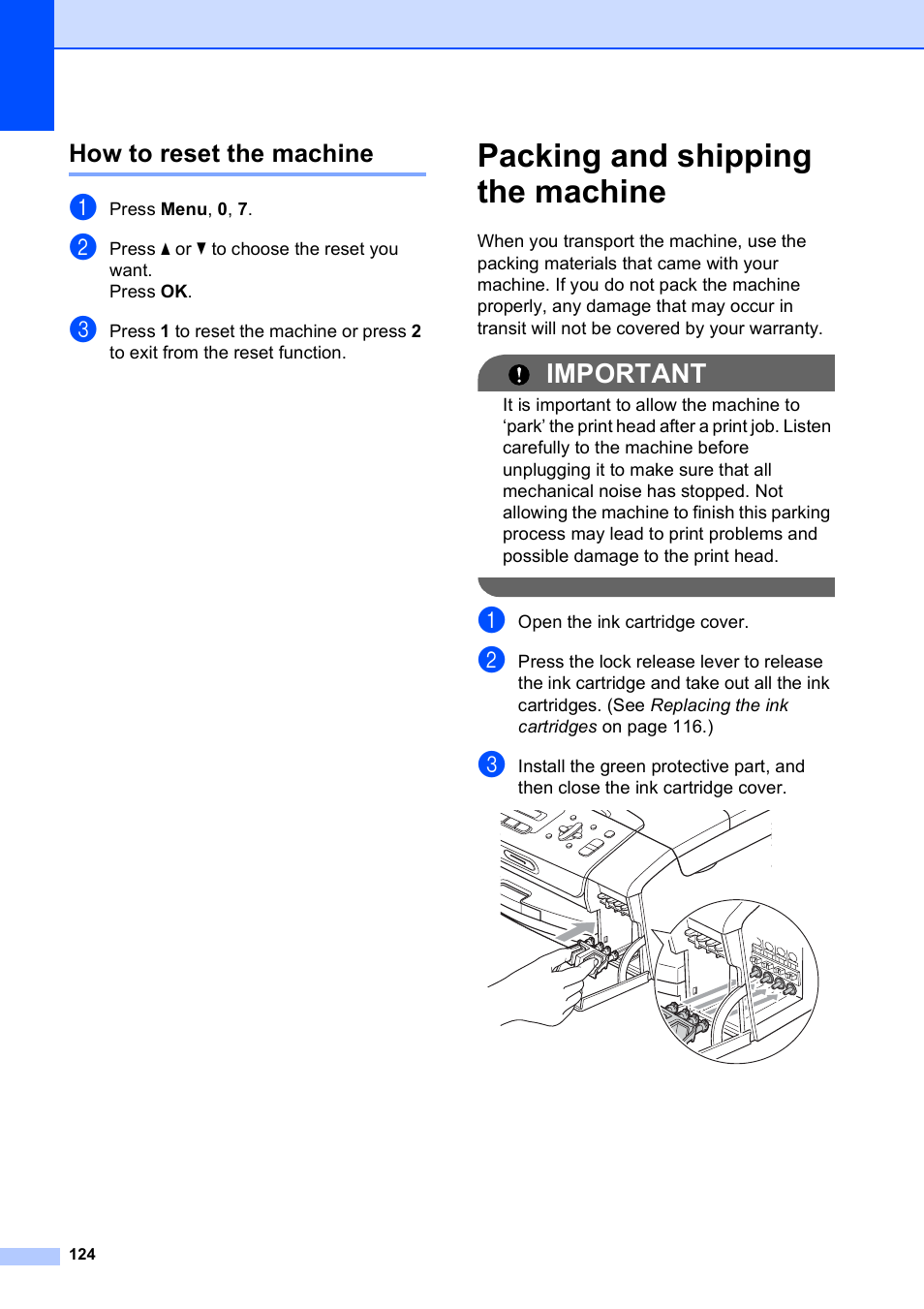 How to reset the machine, Packing and shipping the machine, Important | Brother MFC-255CW User Manual | Page 138 / 180