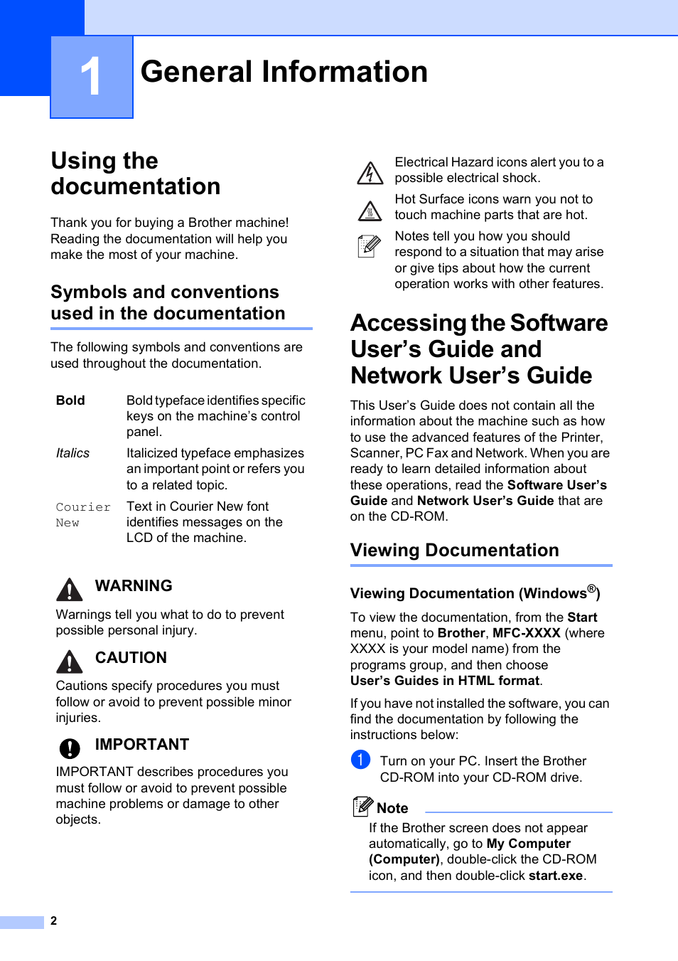 1 general information, Using the documentation, Symbols and conventions used in the documentation | Viewing documentation, Viewing documentation (windows®), General information, Warning, Caution, Important | Brother MFC-255CW User Manual | Page 16 / 180