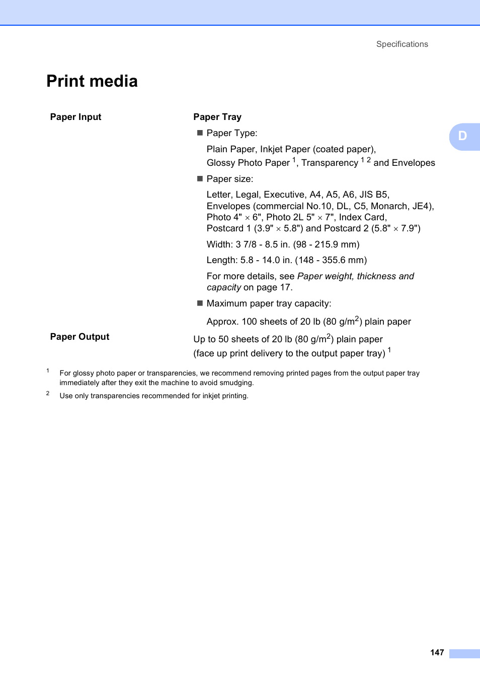 Print media | Brother MFC-255CW User Manual | Page 161 / 180