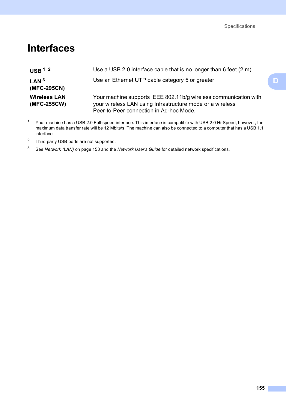 Interfaces | Brother MFC-255CW User Manual | Page 169 / 180