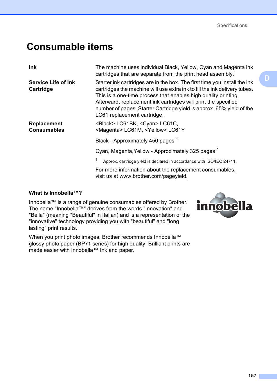 Consumable items | Brother MFC-255CW User Manual | Page 171 / 180