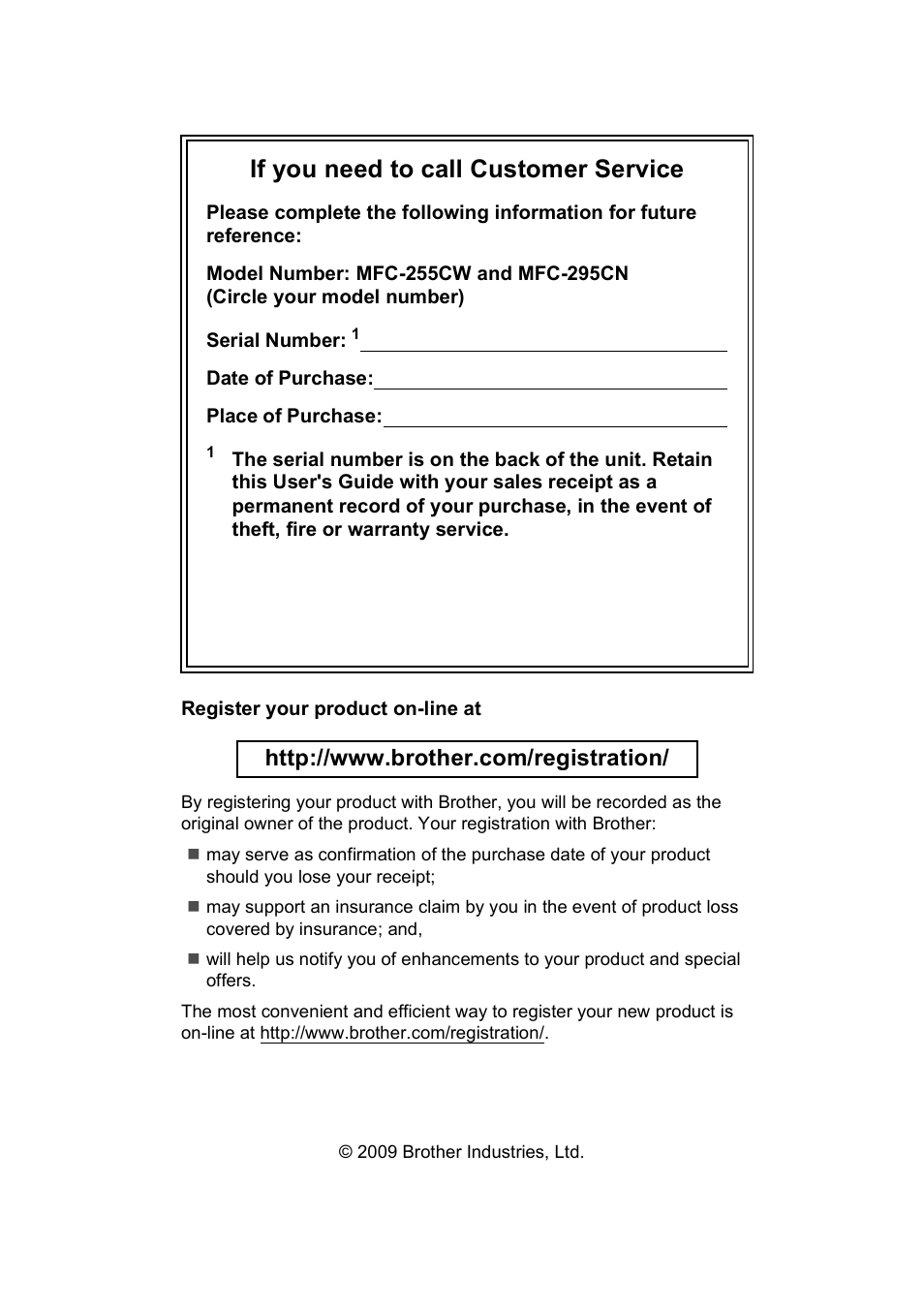 If you need to call customer service | Brother MFC-255CW User Manual | Page 2 / 180