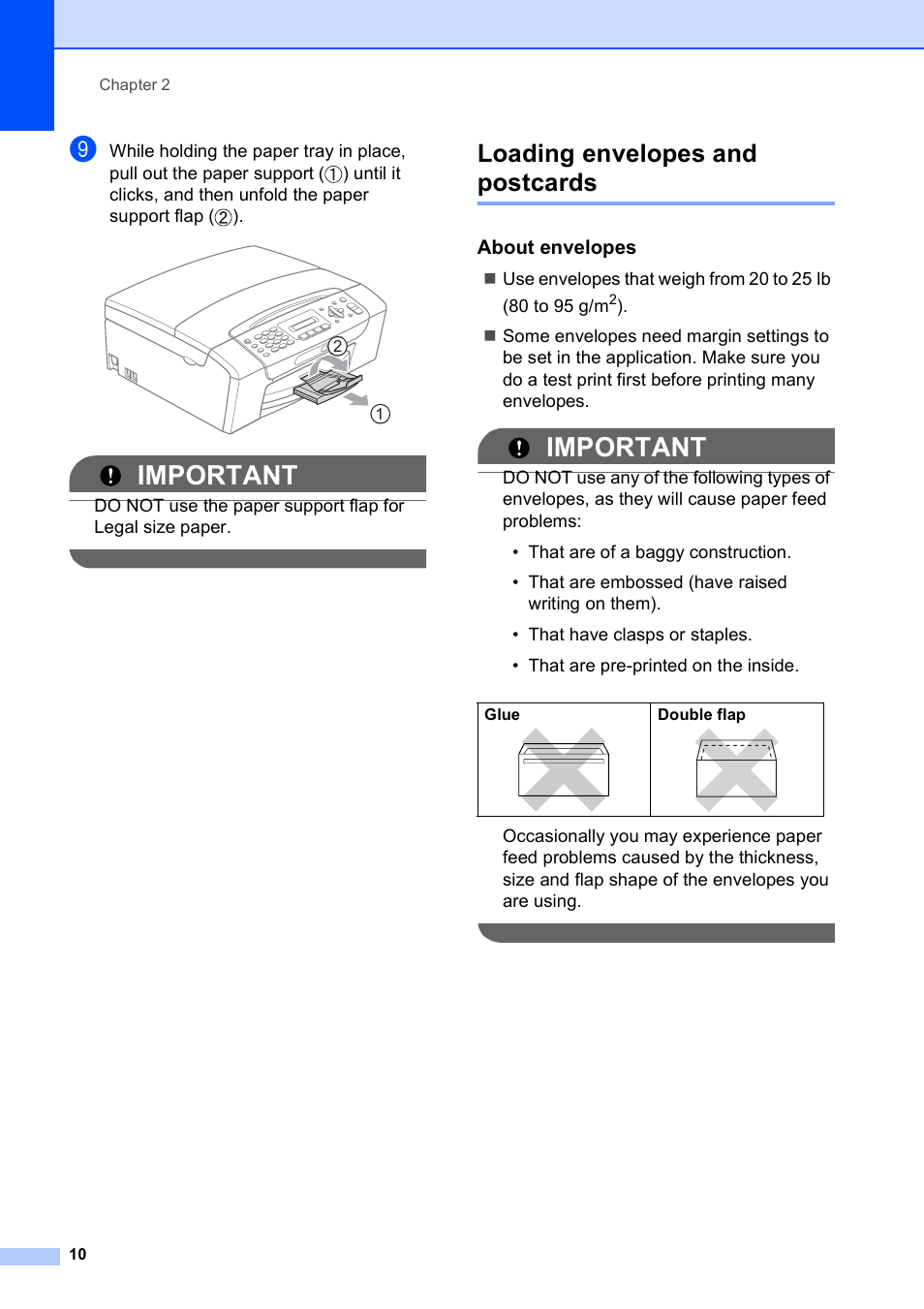 Loading envelopes and postcards, About envelopes, Important | Brother MFC-255CW User Manual | Page 24 / 180
