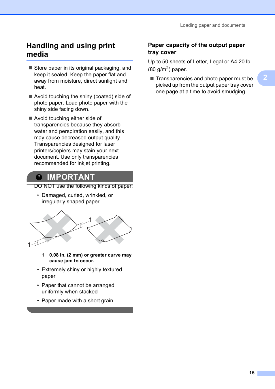 Handling and using print media, Paper capacity of the output paper tray cover, Important | 2handling and using print media | Brother MFC-255CW User Manual | Page 29 / 180