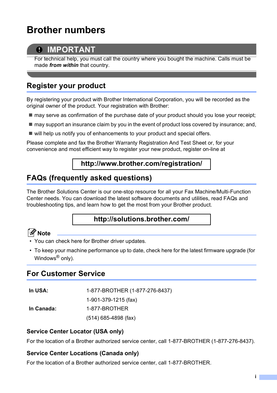 Brother numbers, Register your product, Faqs (frequently asked questions) | For customer service, Important | Brother MFC-255CW User Manual | Page 3 / 180