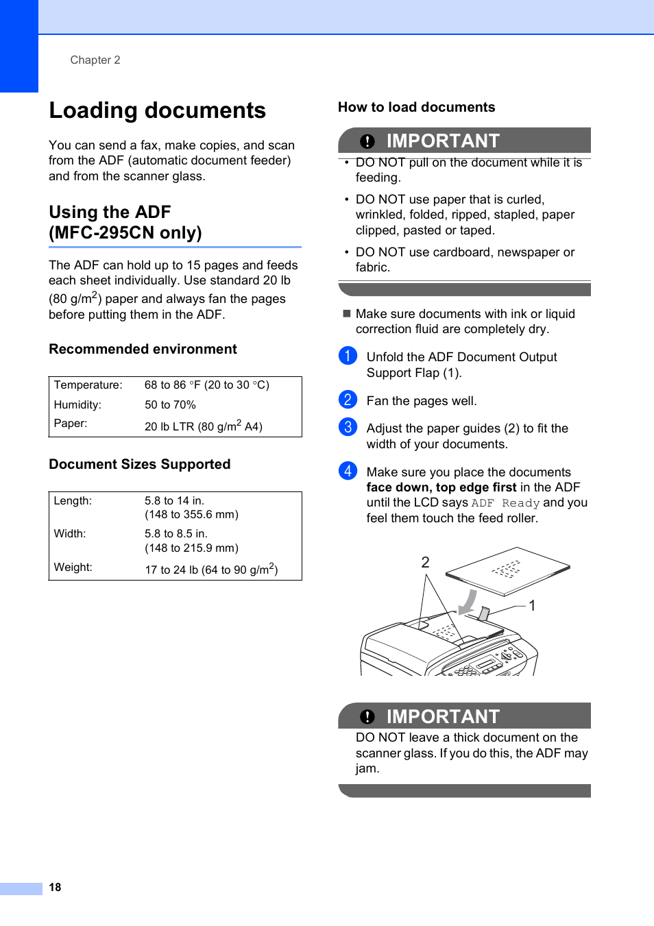 Loading documents, Using the adf (mfc-295cn only), Recommended environment | Document sizes supported, How to load documents, Important | Brother MFC-255CW User Manual | Page 32 / 180