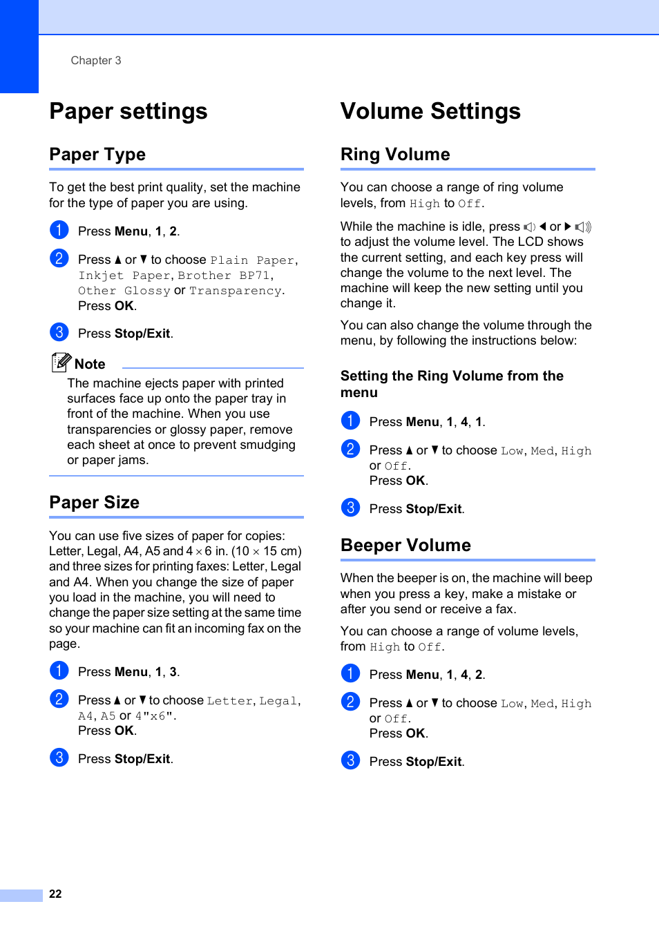 Paper settings, Paper type, Paper size | Volume settings, Ring volume, Setting the ring volume from the menu, Beeper volume, Paper type paper size, Ring volume beeper volume | Brother MFC-255CW User Manual | Page 36 / 180