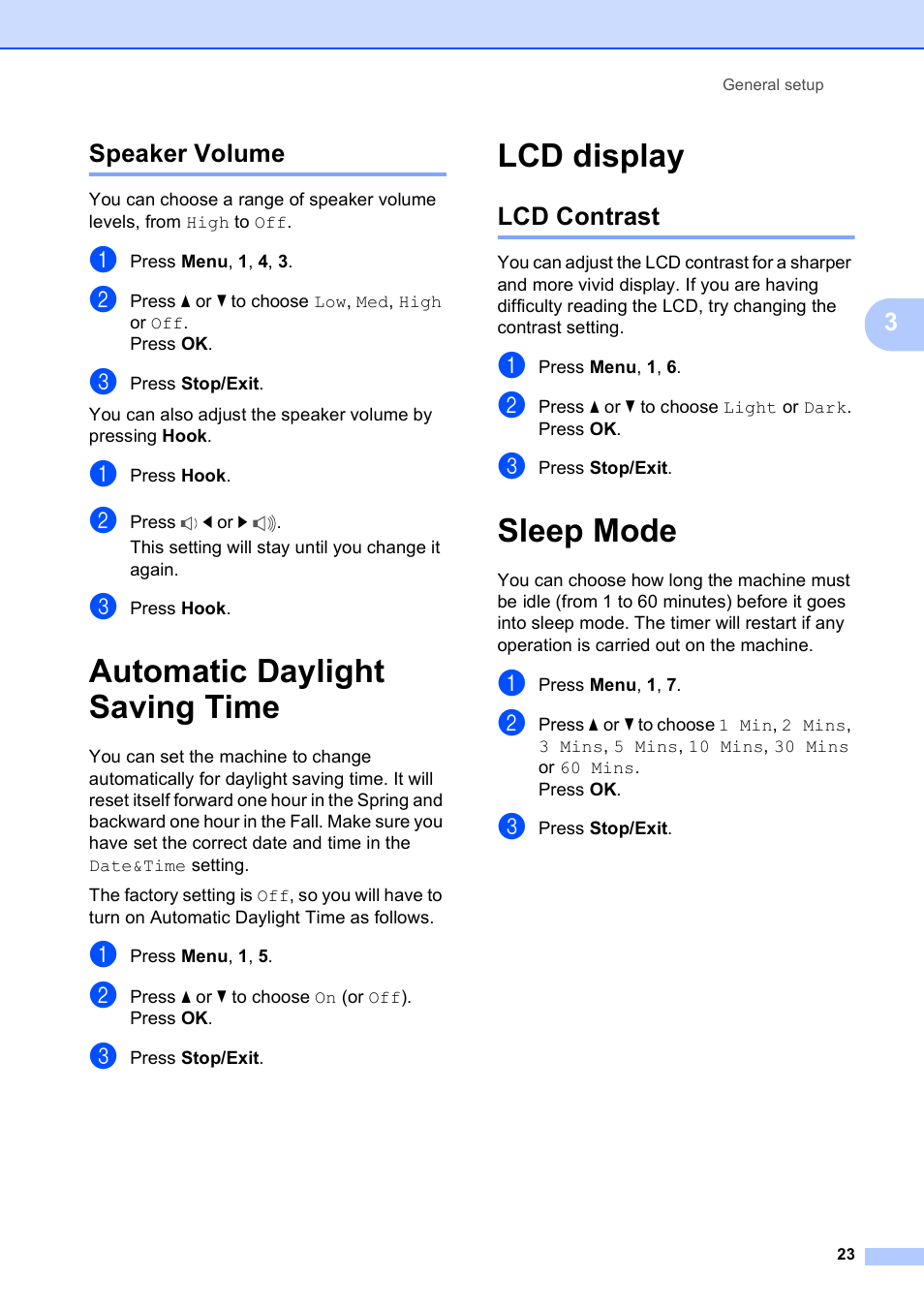 Speaker volume, Automatic daylight saving time, Lcd display | Lcd contrast, Sleep mode, Automatic daylight saving time lcd display, 3speaker volume | Brother MFC-255CW User Manual | Page 37 / 180