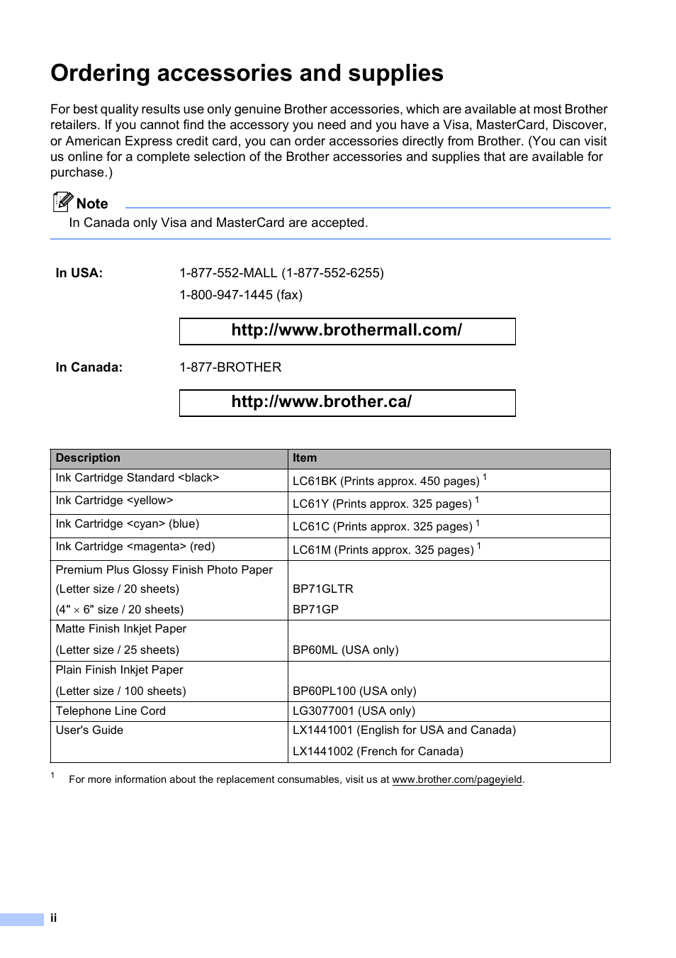 Ordering accessories and supplies | Brother MFC-255CW User Manual | Page 4 / 180