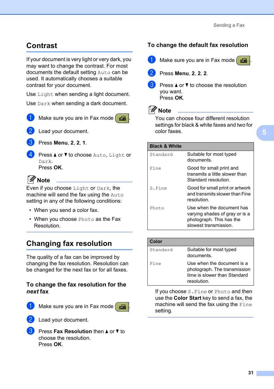 Contrast, Changing fax resolution, To change the fax resolution for the next fax | To change the default fax resolution, Contrast changing fax resolution, 5contrast | Brother MFC-255CW User Manual | Page 45 / 180