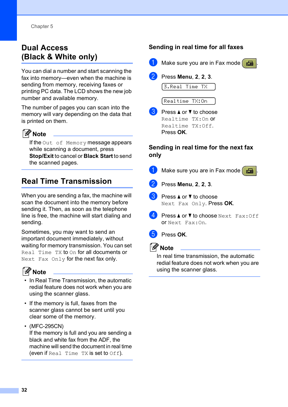 Dual access (black & white only), Real time transmission, Sending in real time for all faxes | Sending in real time for the next fax only | Brother MFC-255CW User Manual | Page 46 / 180