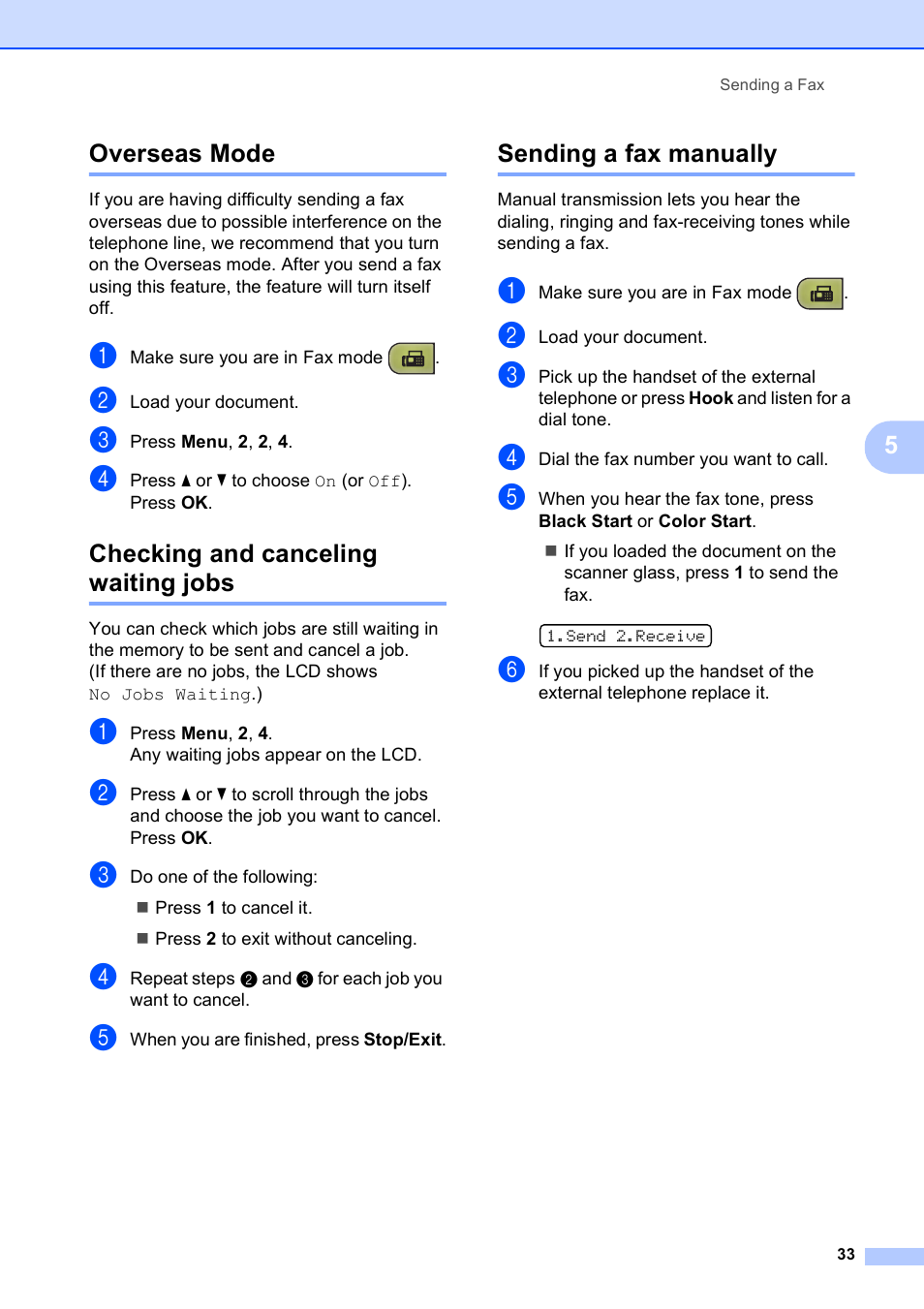 Overseas mode, Checking and canceling waiting jobs, Sending a fax manually | 5overseas mode | Brother MFC-255CW User Manual | Page 47 / 180