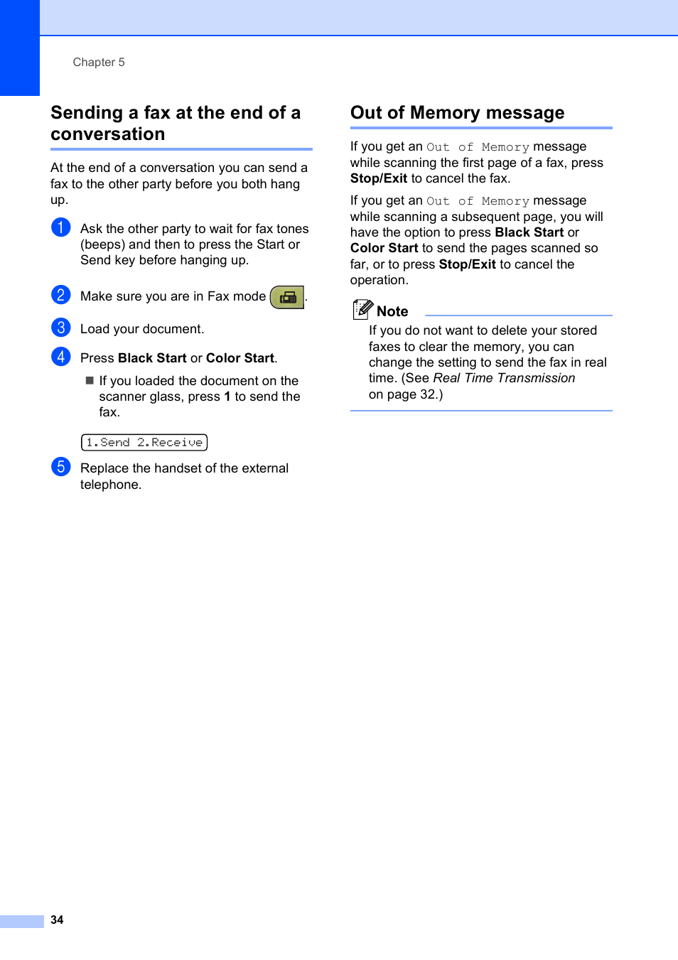 Sending a fax at the end of a conversation, Out of memory message | Brother MFC-255CW User Manual | Page 48 / 180